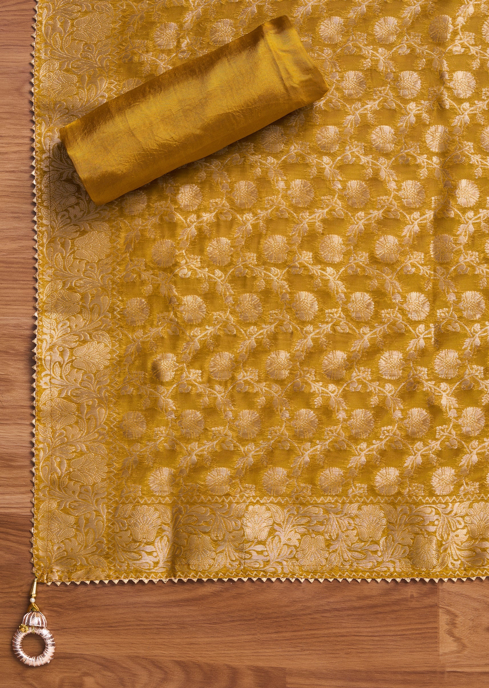 Mustard Yellow Organza Brocade Unstitched Suit Set