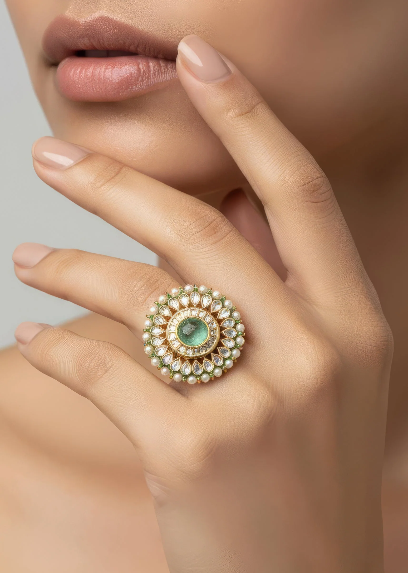 648-gold-plated-green-kundan-and-polki-ring-1.webp Gold Plated Green Kundan And Polki Ring