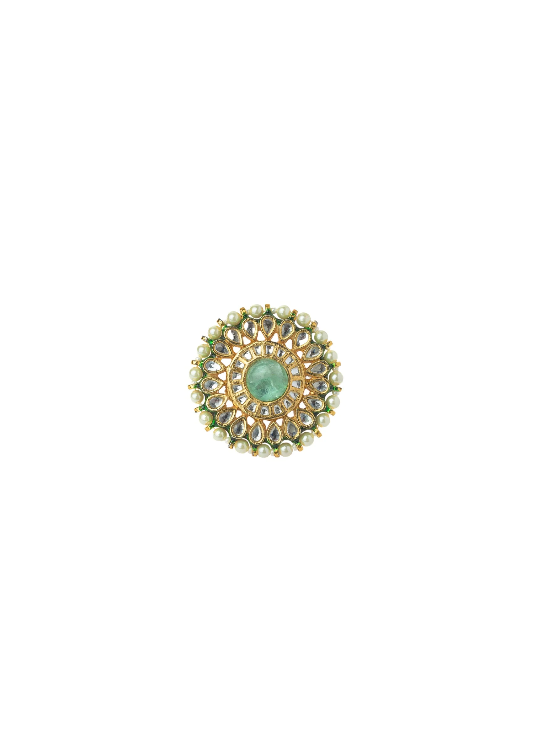 Gold Plated Green Kundan And Polki Ring