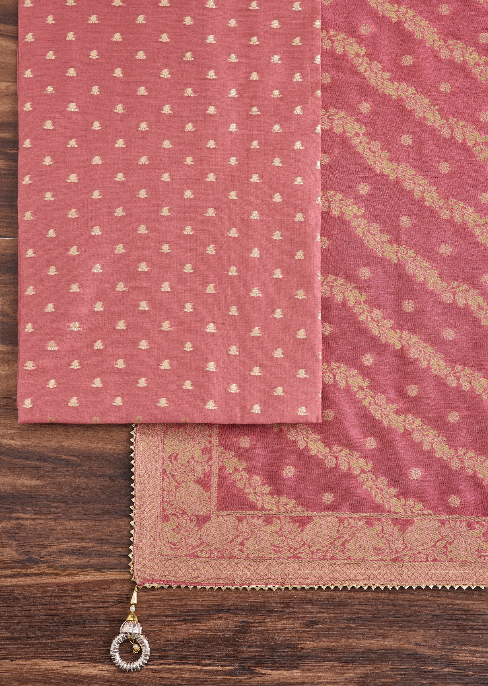 Pink Chanderi Unstitched Suit With Embroidery And Dupatta