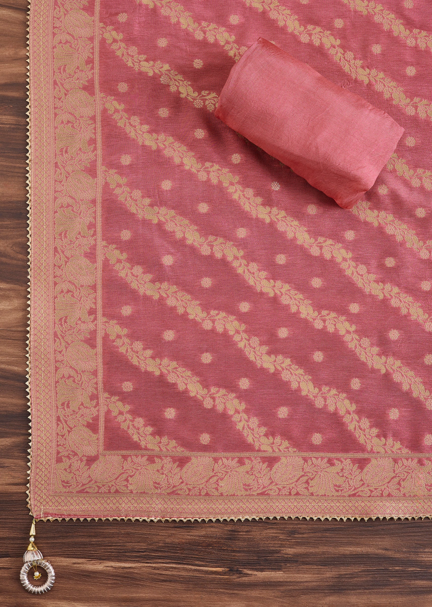 Pink Chanderi Unstitched Suit With Embroidery And Dupatta