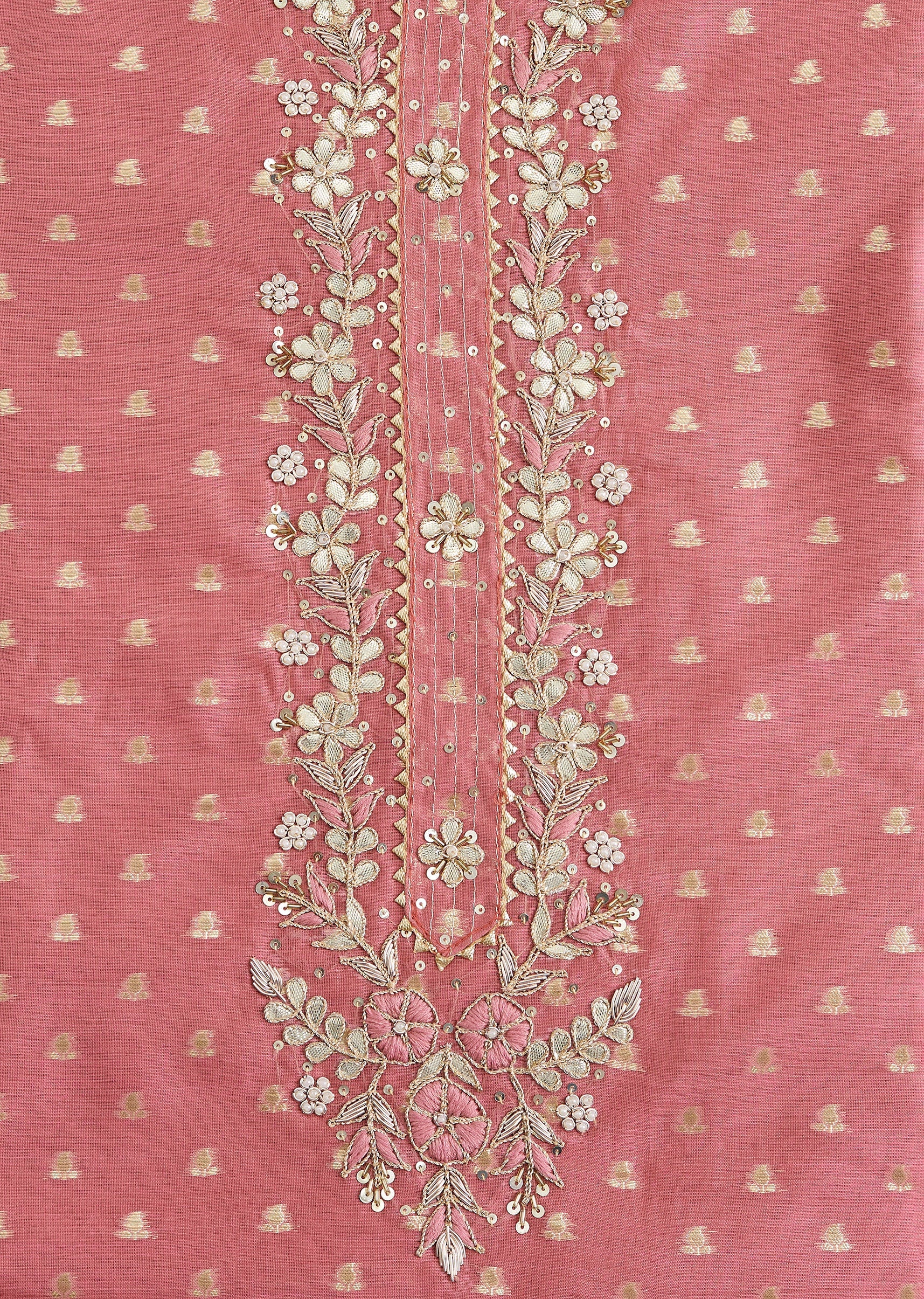 Pink Chanderi Unstitched Suit With Embroidery And Dupatta