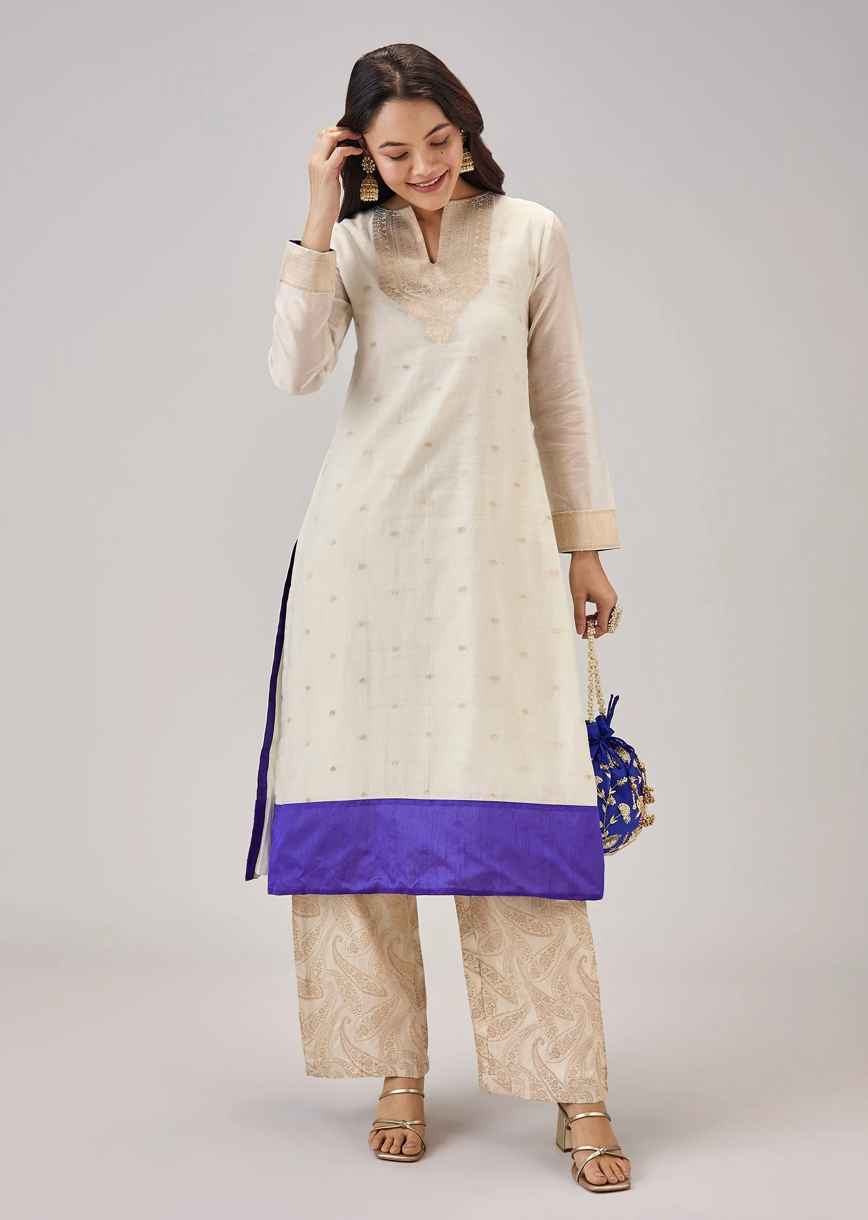 Cream Weaved Chanderi Kurta Set