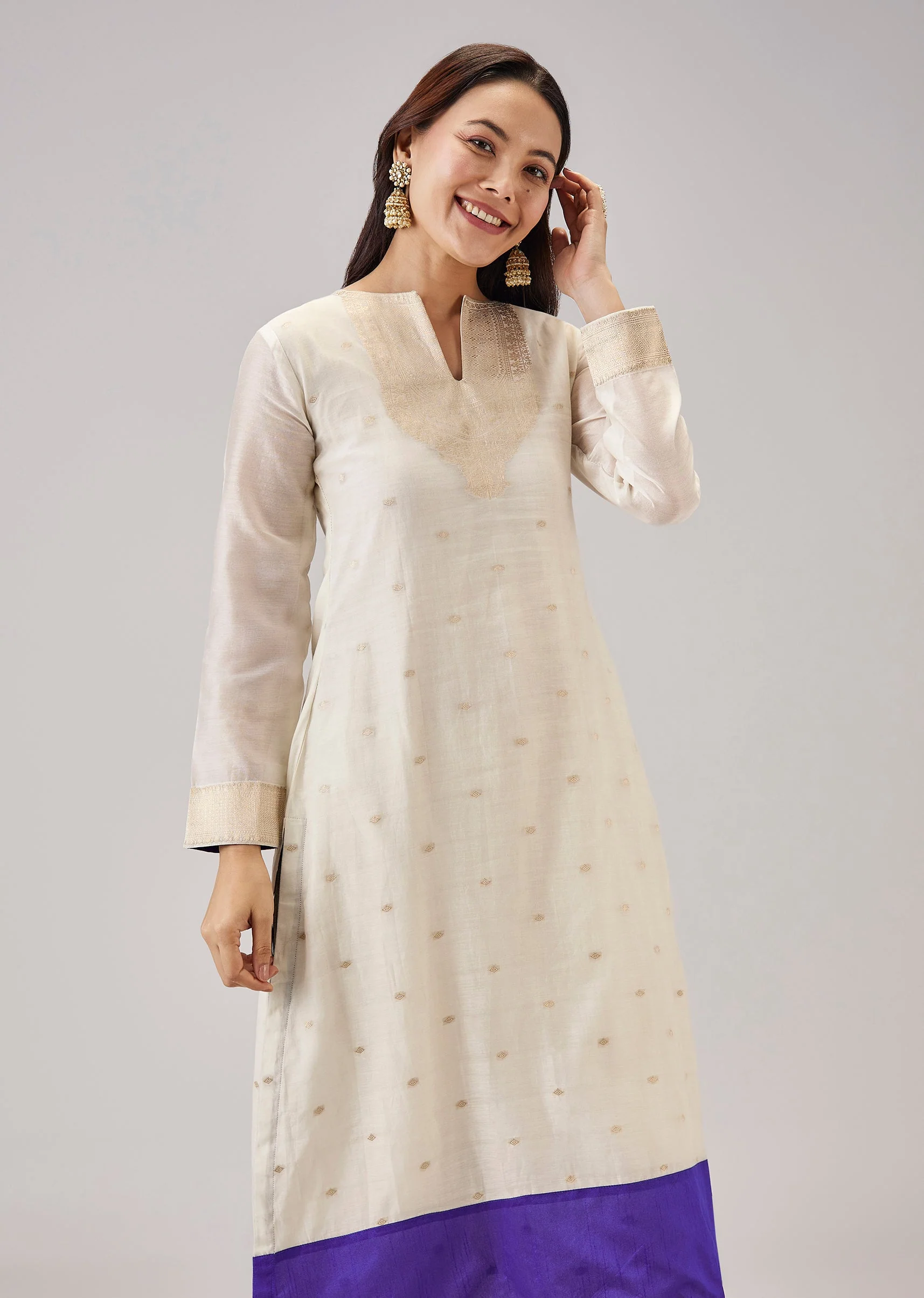 Cream Weaved Chanderi Kurta Set