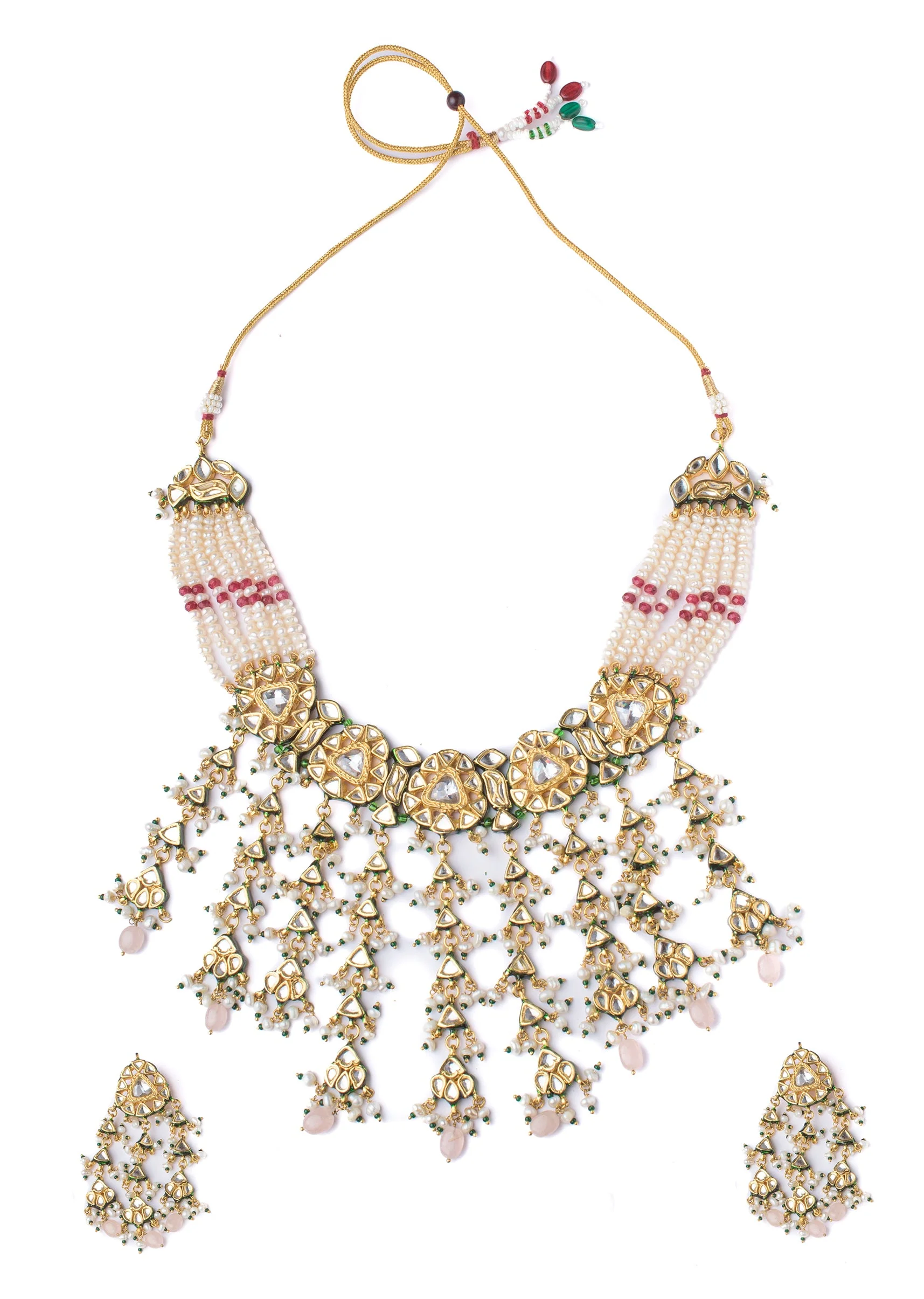Pearl Layered Necklace Set With Floral Elements And Bead Drops