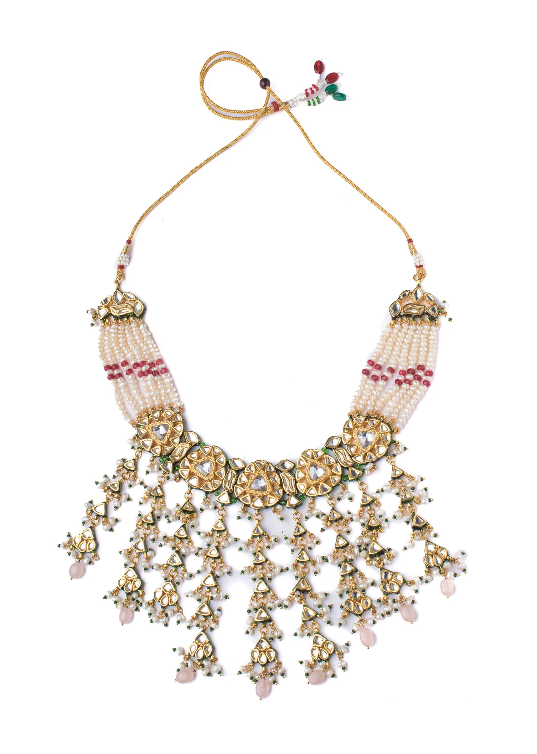 Pearl Layered Necklace Set With Floral Elements And Bead Drops