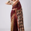 Maroon Block Printed Saree with Unstitched Blouse