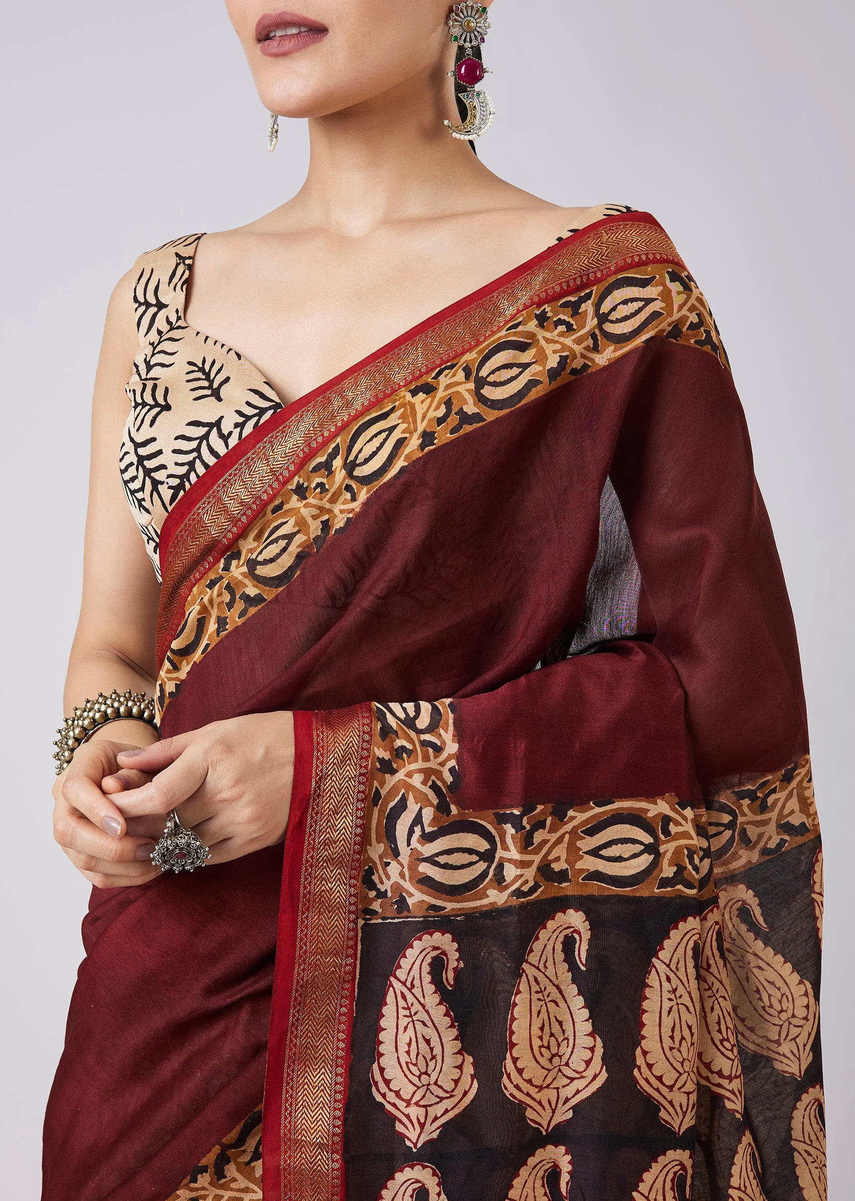 Maroon Block Printed Saree with Unstitched Blouse