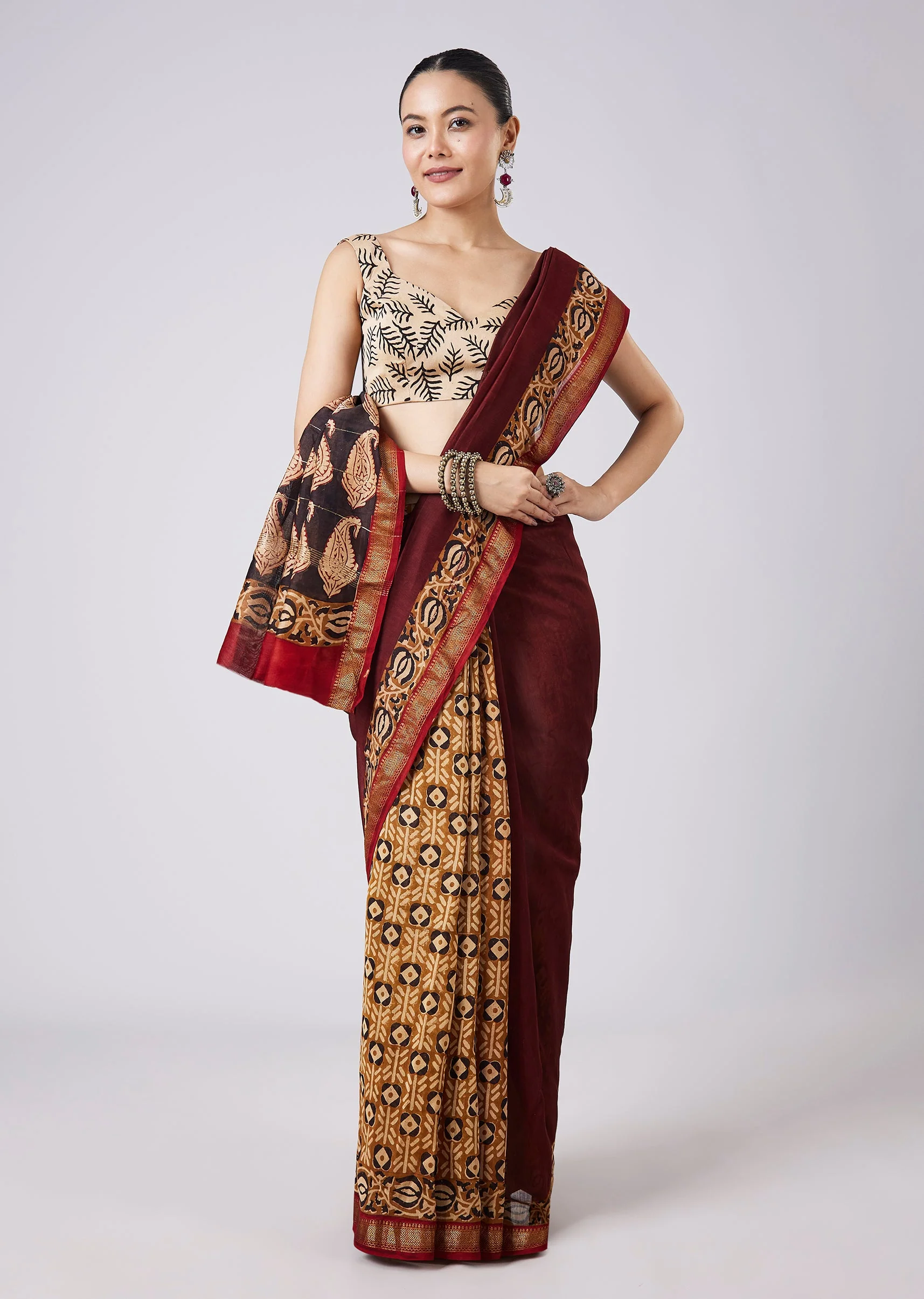 Maroon Block Printed Saree with Unstitched Blouse