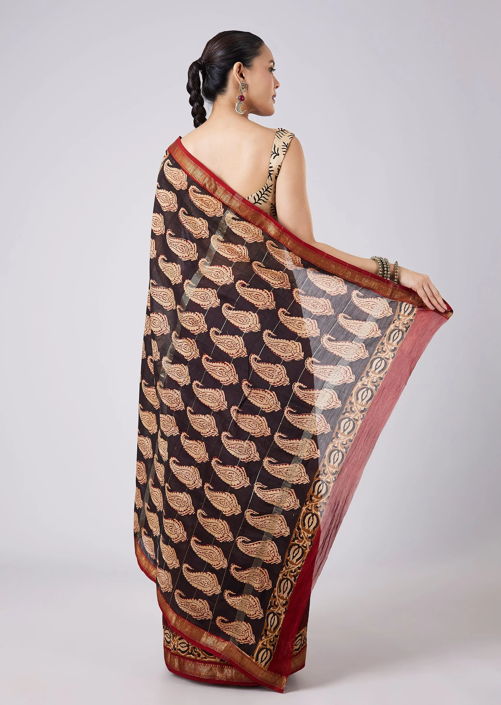 Maroon Block Printed Saree with Unstitched Blouse