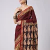 Maroon Block Printed Saree with Unstitched Blouse