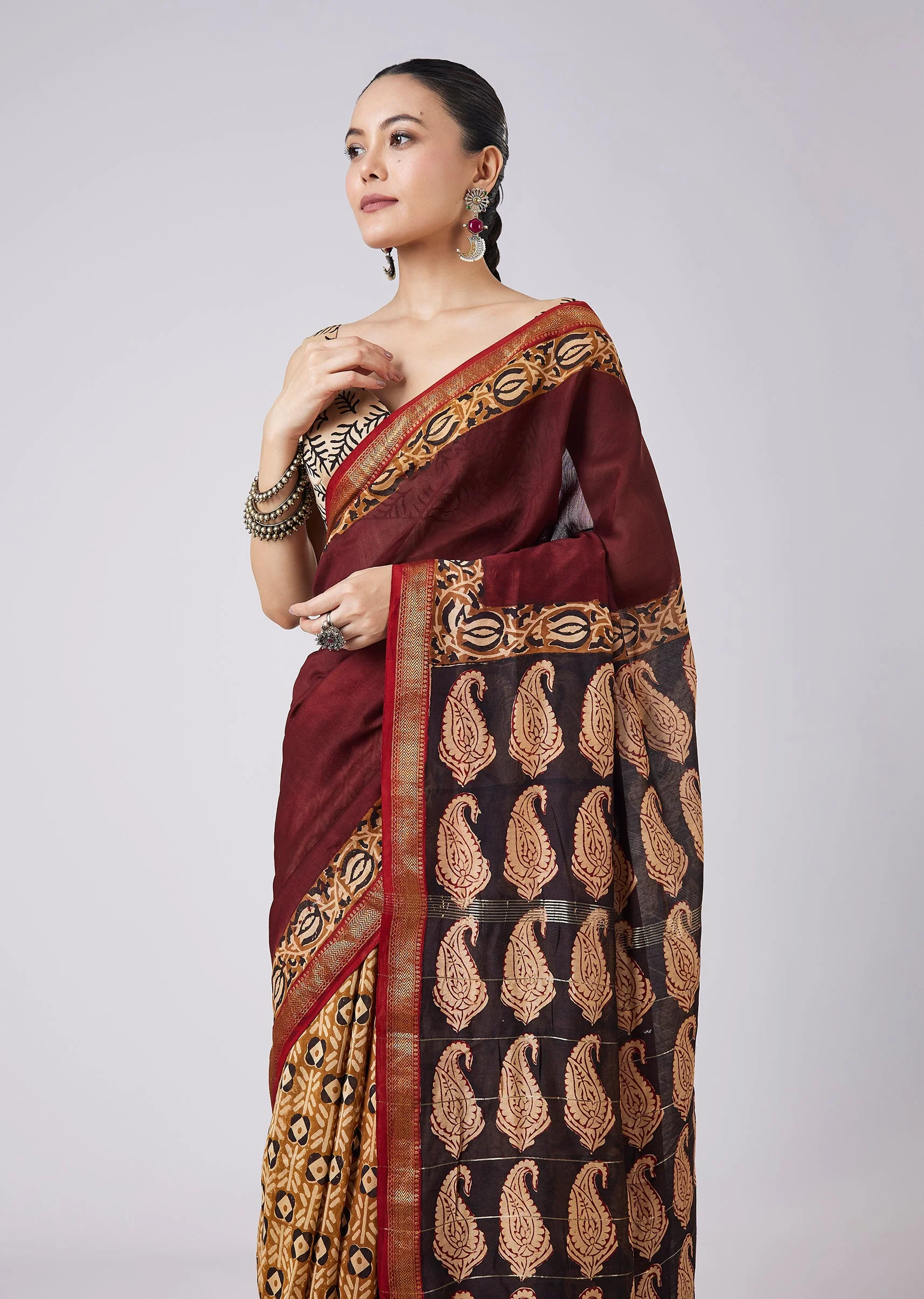 Maroon Block Printed Saree with Unstitched Blouse