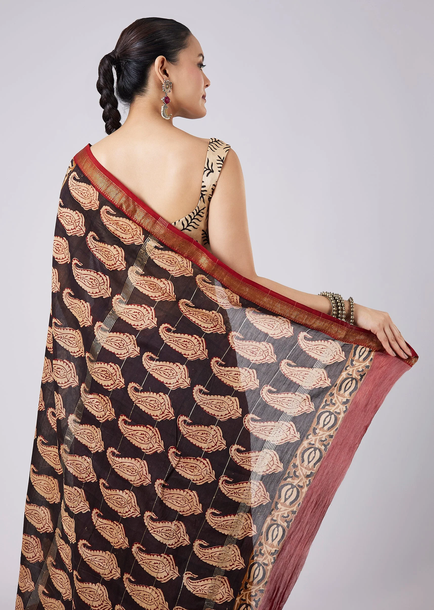 Maroon Block Printed Saree with Unstitched Blouse