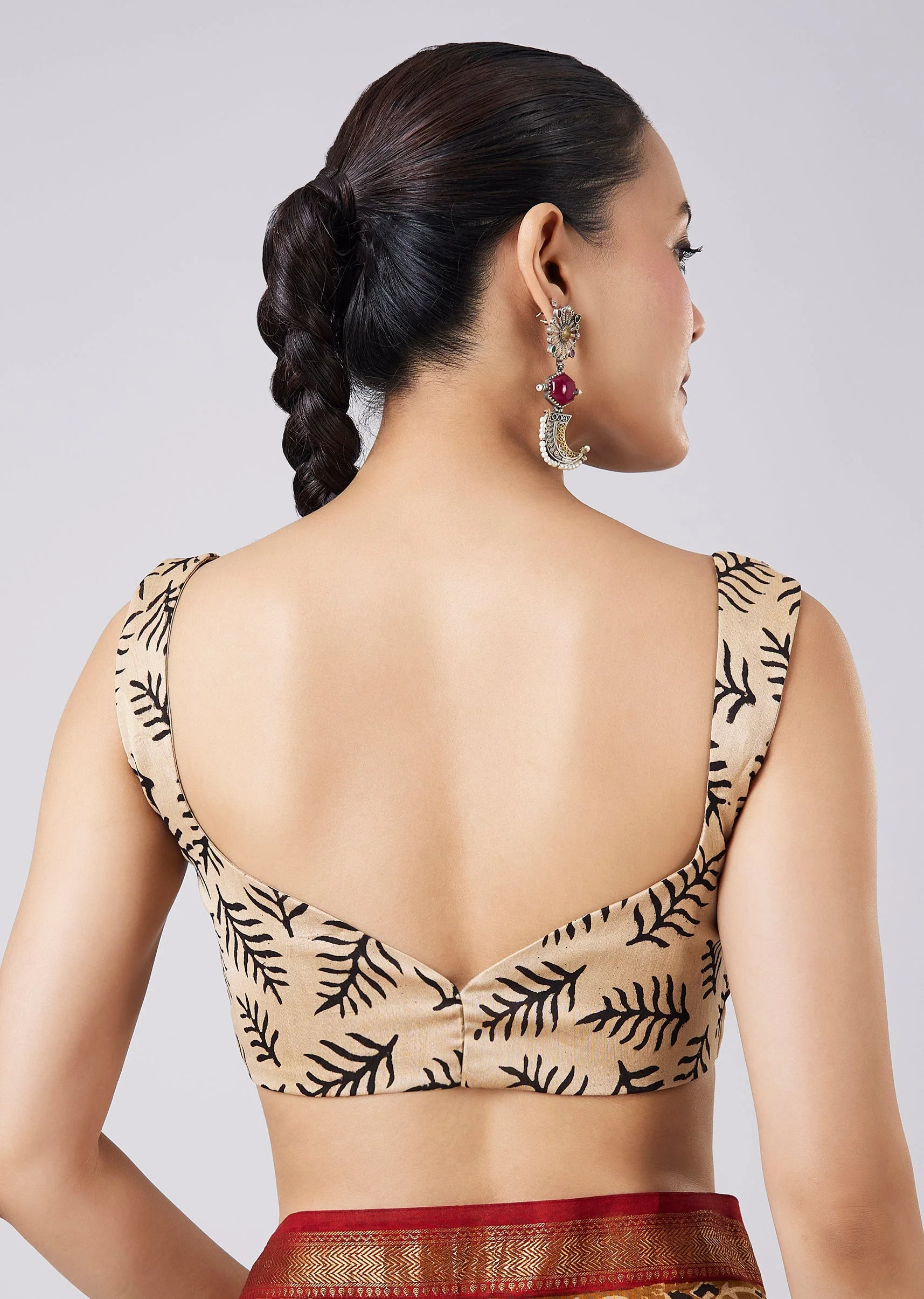 Maroon Block Printed Saree with Unstitched Blouse