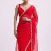 Red Cut Work Organza Saree With Unstitched Blouse