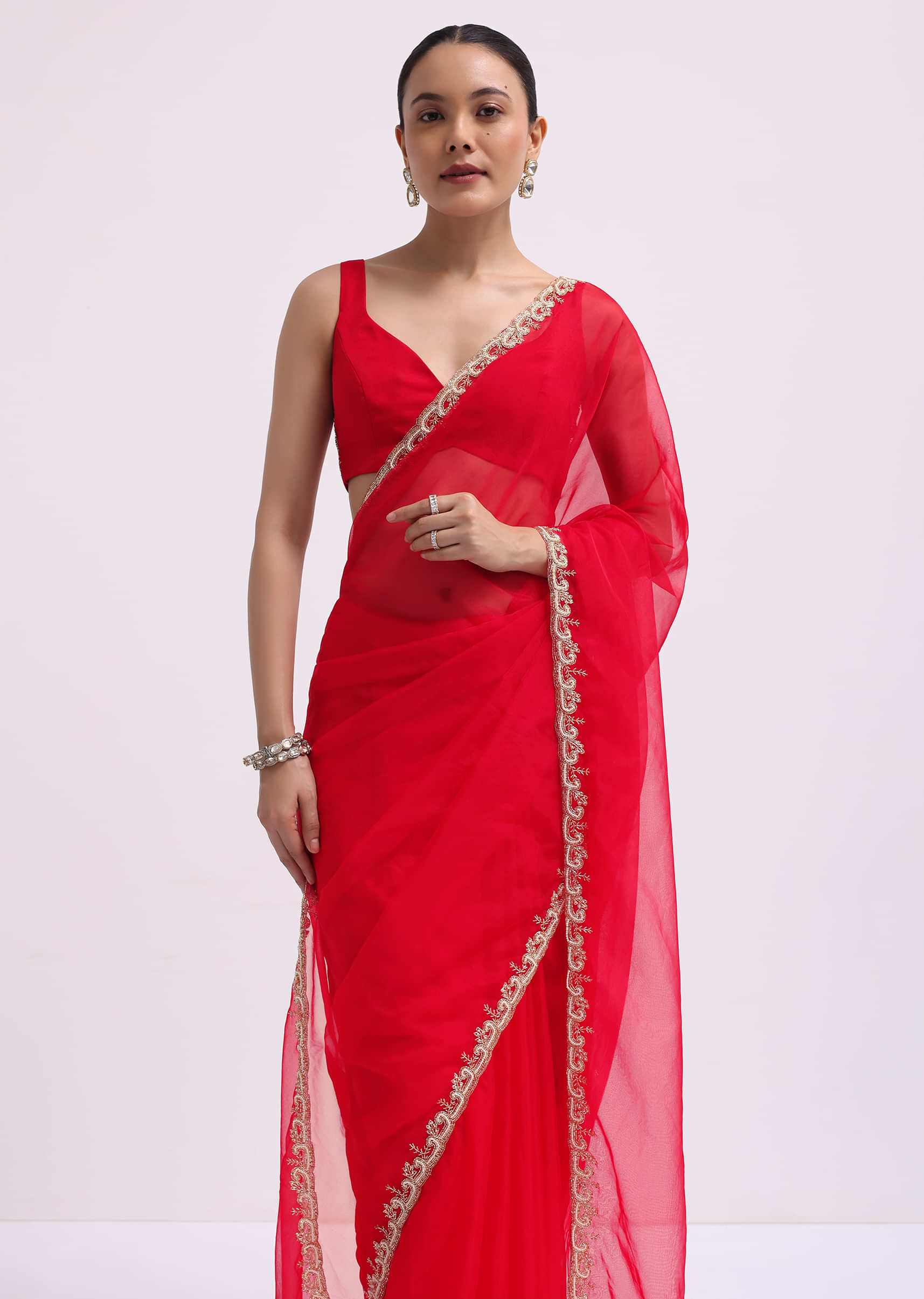 6548-red-cut-work-organza-saree-with-unstitched-blouse-1.jpg Red Cut Work Organza Saree With Unstitched Blouse