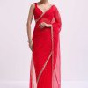 Red Cut Work Organza Saree With Unstitched Blouse