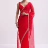 Red Cut Work Organza Saree With Unstitched Blouse