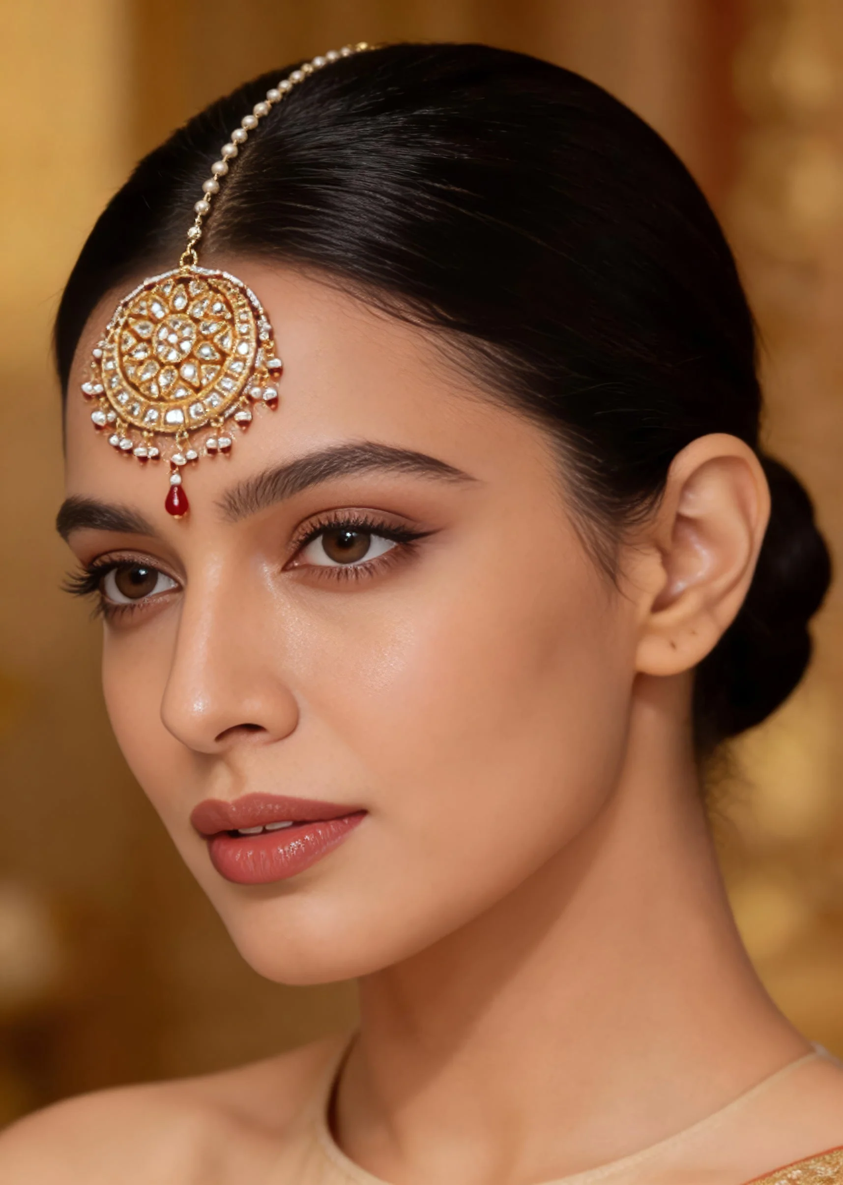 Gold Tone Maang Tikka With Polki Stones And Pearl Accents