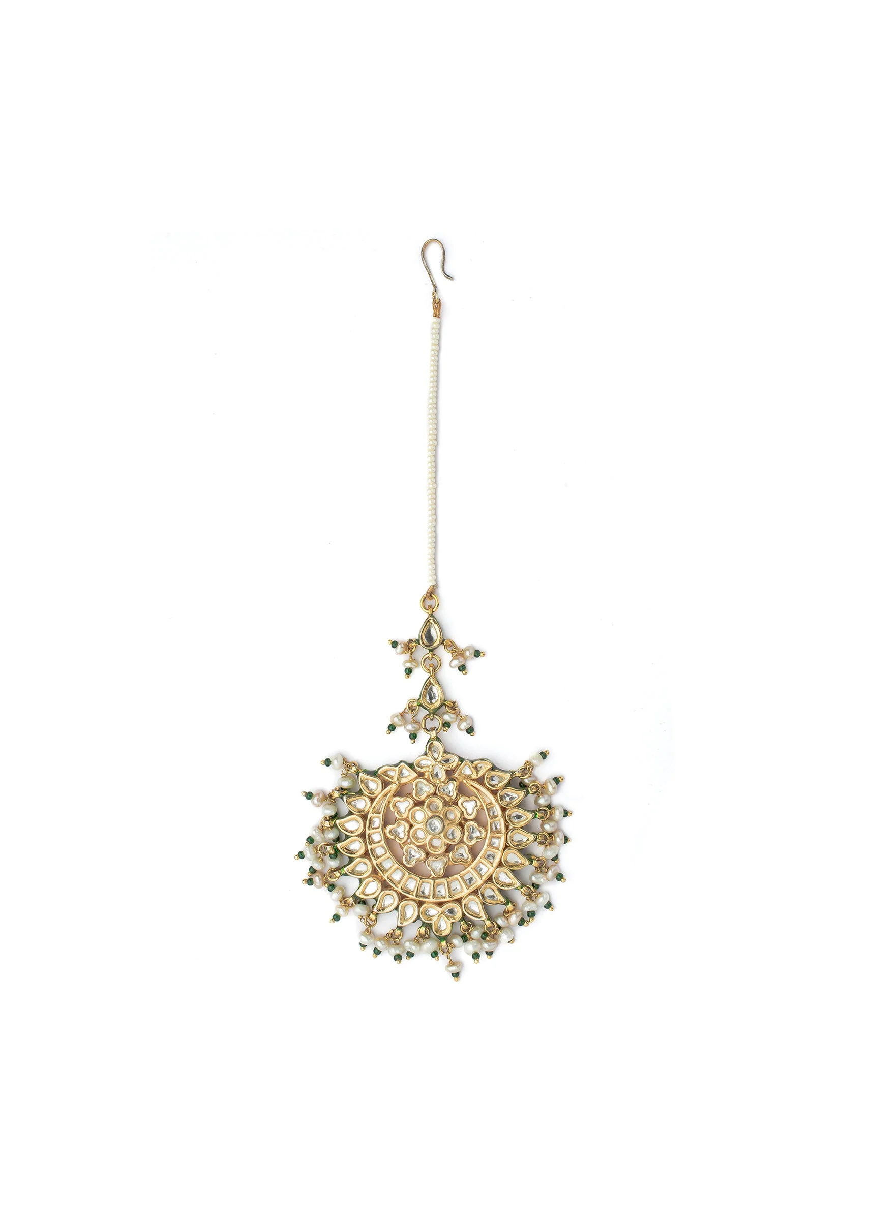 660-gold-plated-kundan-work-with-pearl-embellishments-maangtikka-1.webp Gold Plated Kundan Work With Pearl Embellishments Maangtikka
