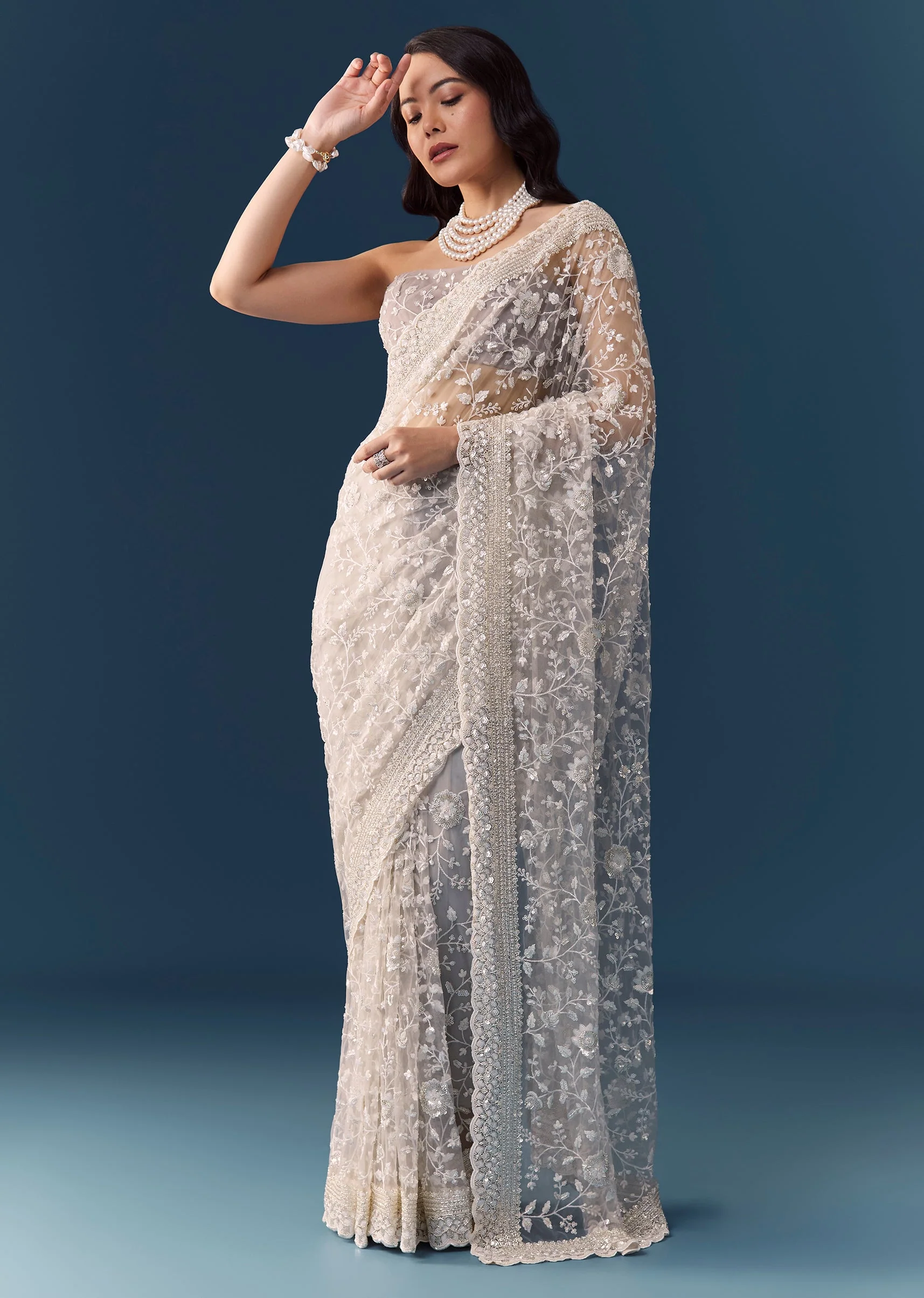 Grey Floral Jaal Embellished Saree with Unstitched Blouse
