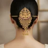 Gold Finish Hair Pin With Temple Style Motifs And Pink Simulated Stones