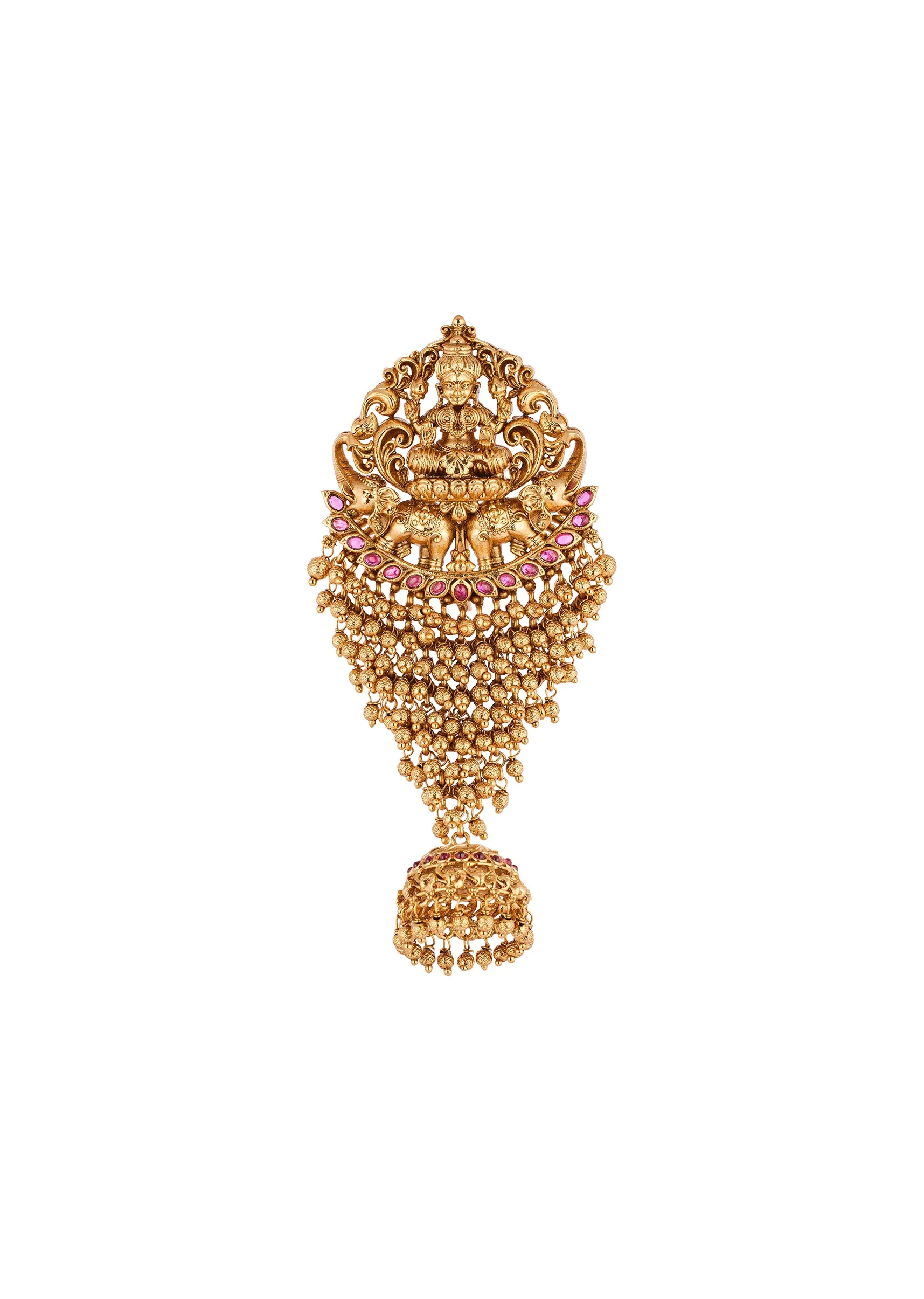 Gold Finish Hair Pin With Temple Style Motifs And Pink Simulated Stones