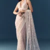 Pink Net Jaal Resham Work Saree with Unstitched Blouse
