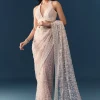 Pink Net Jaal Resham Work Saree with Unstitched Blouse