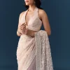 Pink Net Jaal Resham Work Saree with Unstitched Blouse