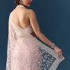 Pink Net Jaal Resham Work Saree with Unstitched Blouse