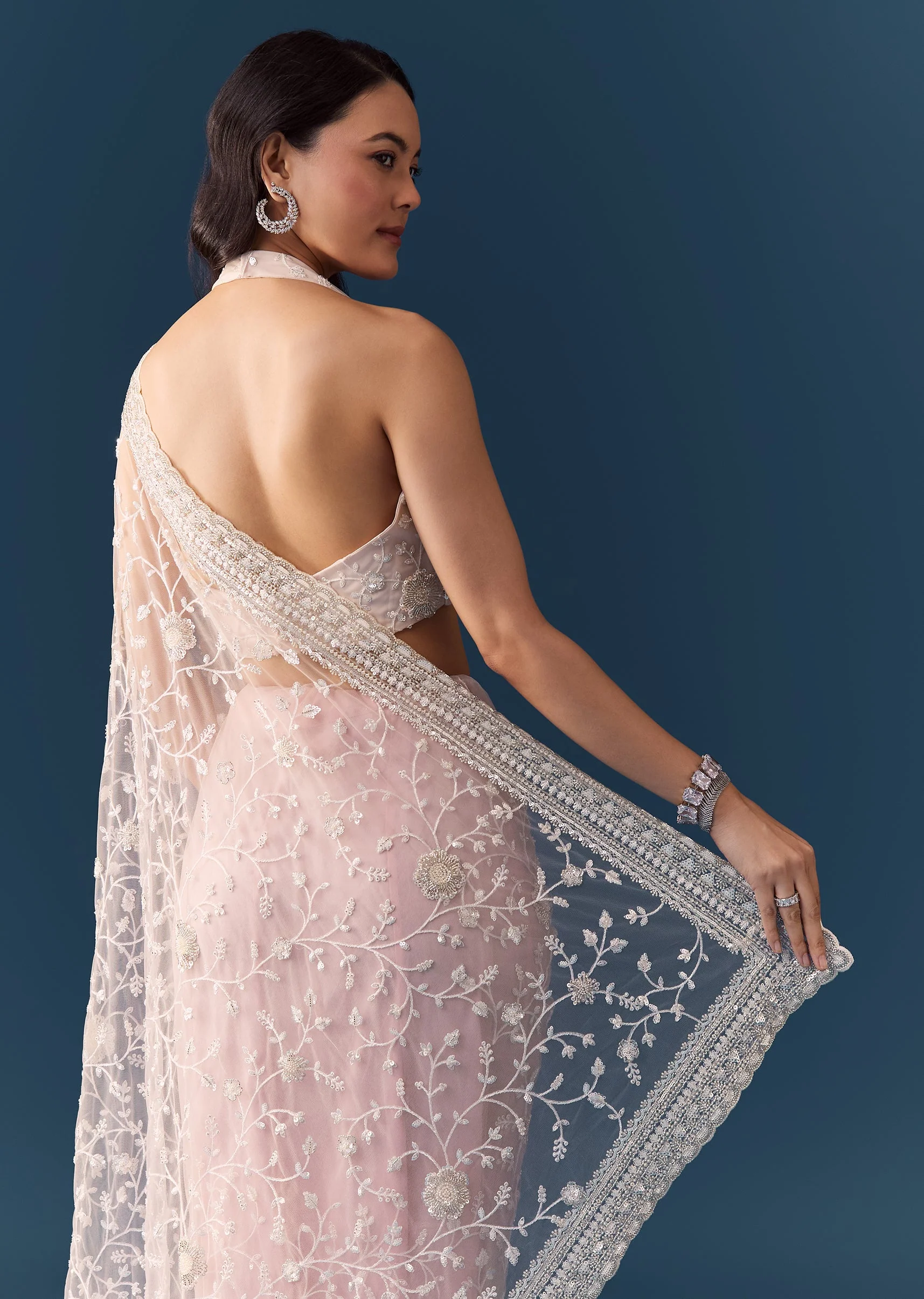Pink Net Jaal Resham Work Saree with Unstitched Blouse