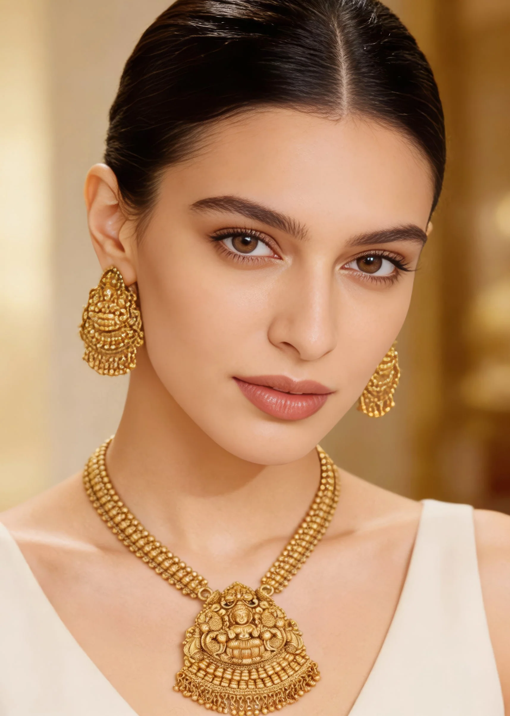 Gold Finish Necklace Set With Temple Style Motifs