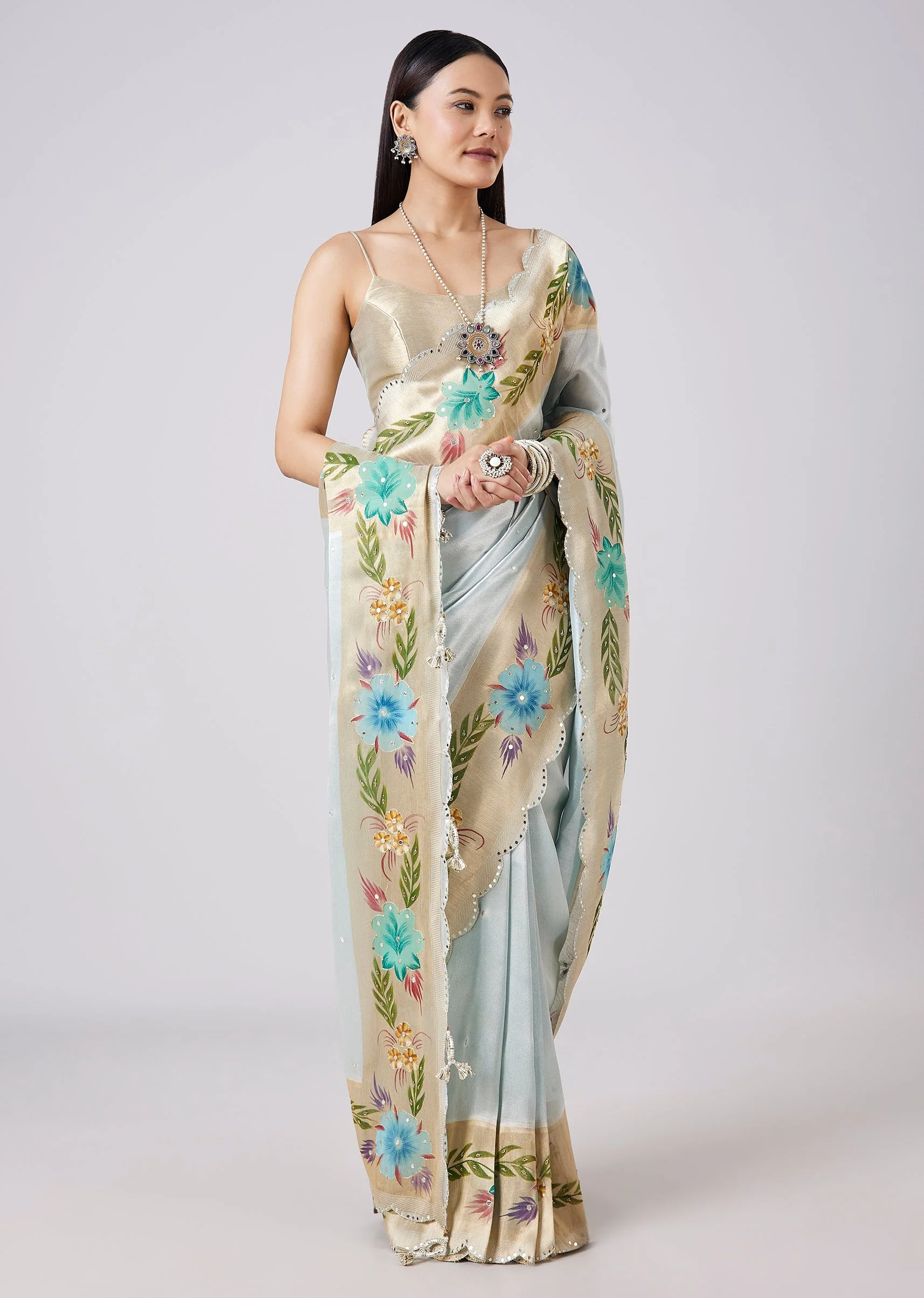 6649-pastel-grey-hand-painted-saree-with-blouse-1.webp Pastel Grey Hand Painted Saree with Blouse