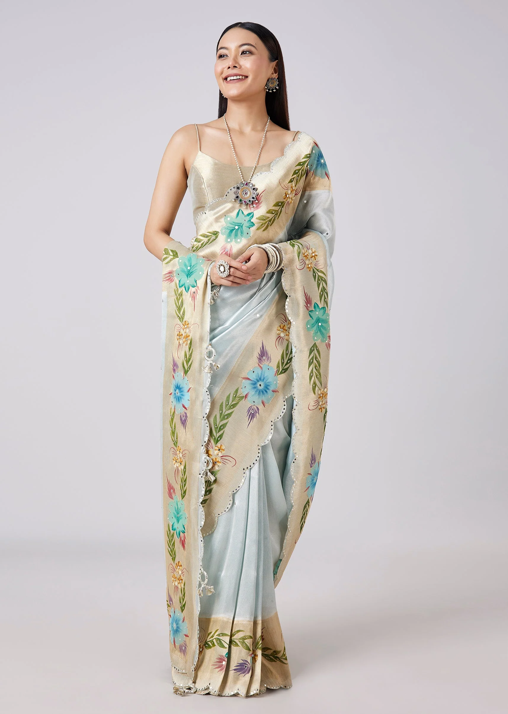 Pastel Grey Hand Painted Saree with Blouse