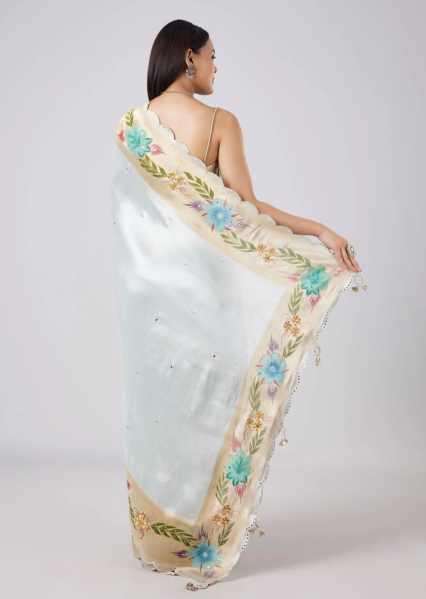 Pastel Grey Hand Painted Saree with Blouse