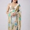 Pastel Grey Hand Painted Saree with Blouse