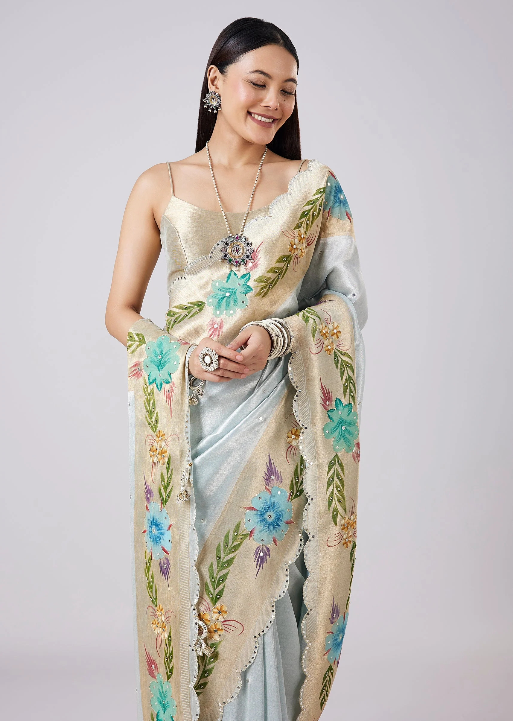 Pastel Grey Hand Painted Saree with Blouse