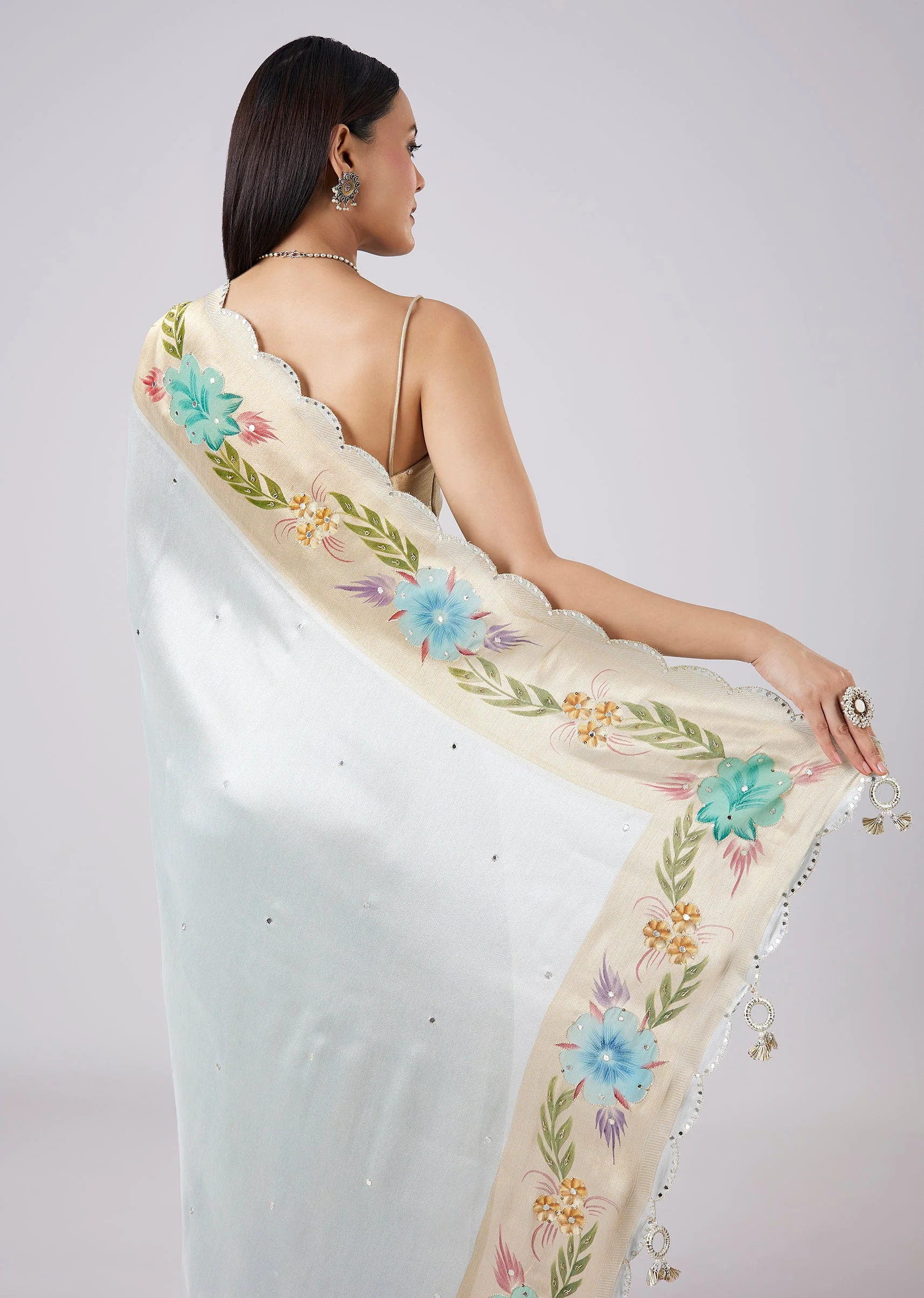 Pastel Grey Hand Painted Saree with Blouse