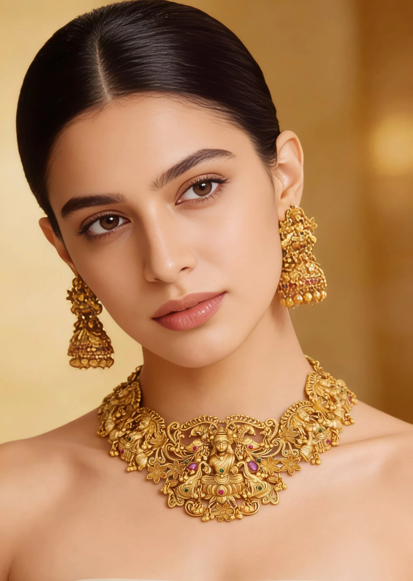 665-gold-finish-temple-style-necklace-set-with-green-and-pink-simulated-stones-1.webp Gold Finish Temple Style Necklace Set With Green and Pink Simulated Stones