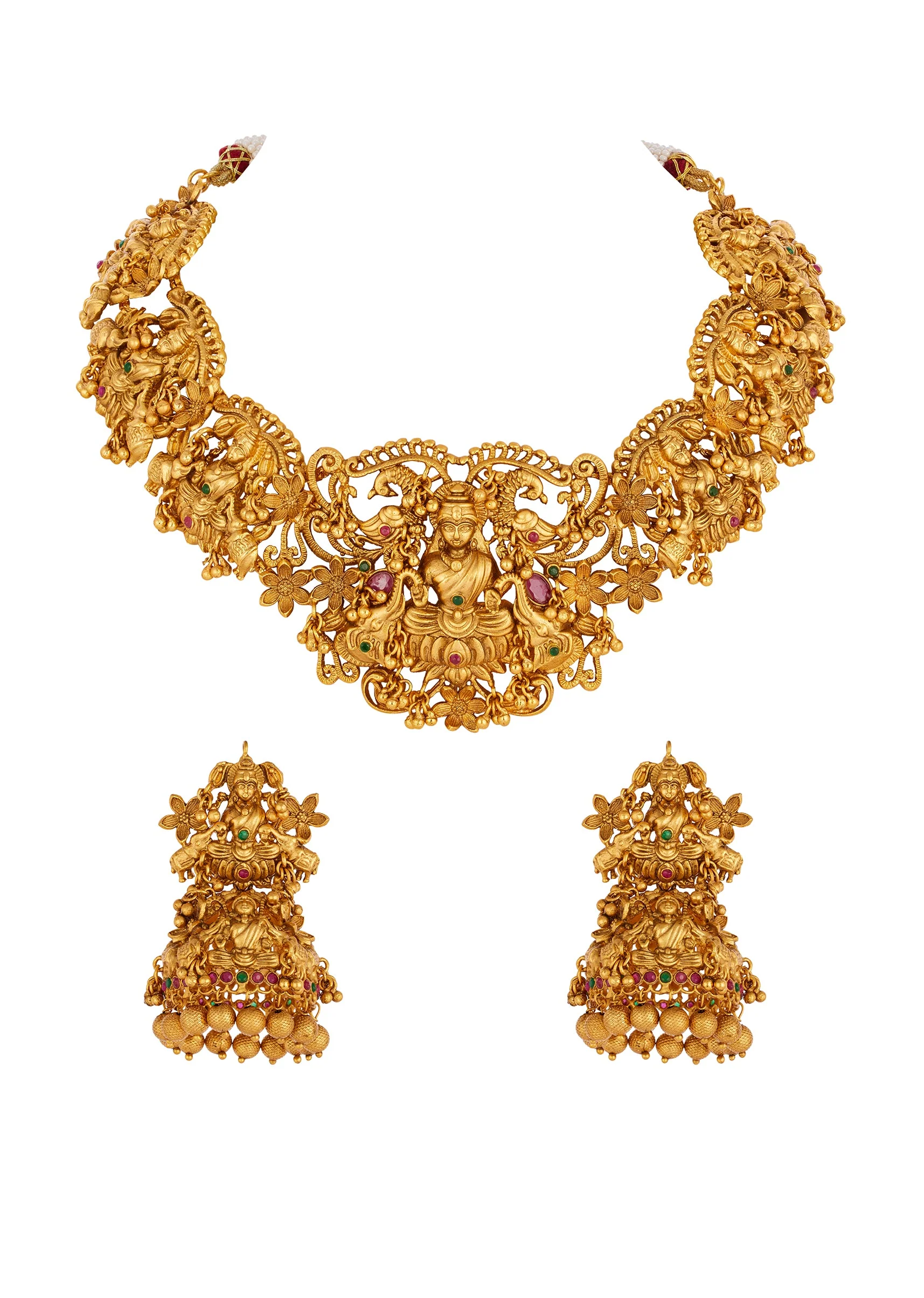 665-gold-finish-temple-style-necklace-set-with-green-and-pink-simulated-stones-2.webp Gold Finish Temple Style Necklace Set With Green and Pink Simulated Stones