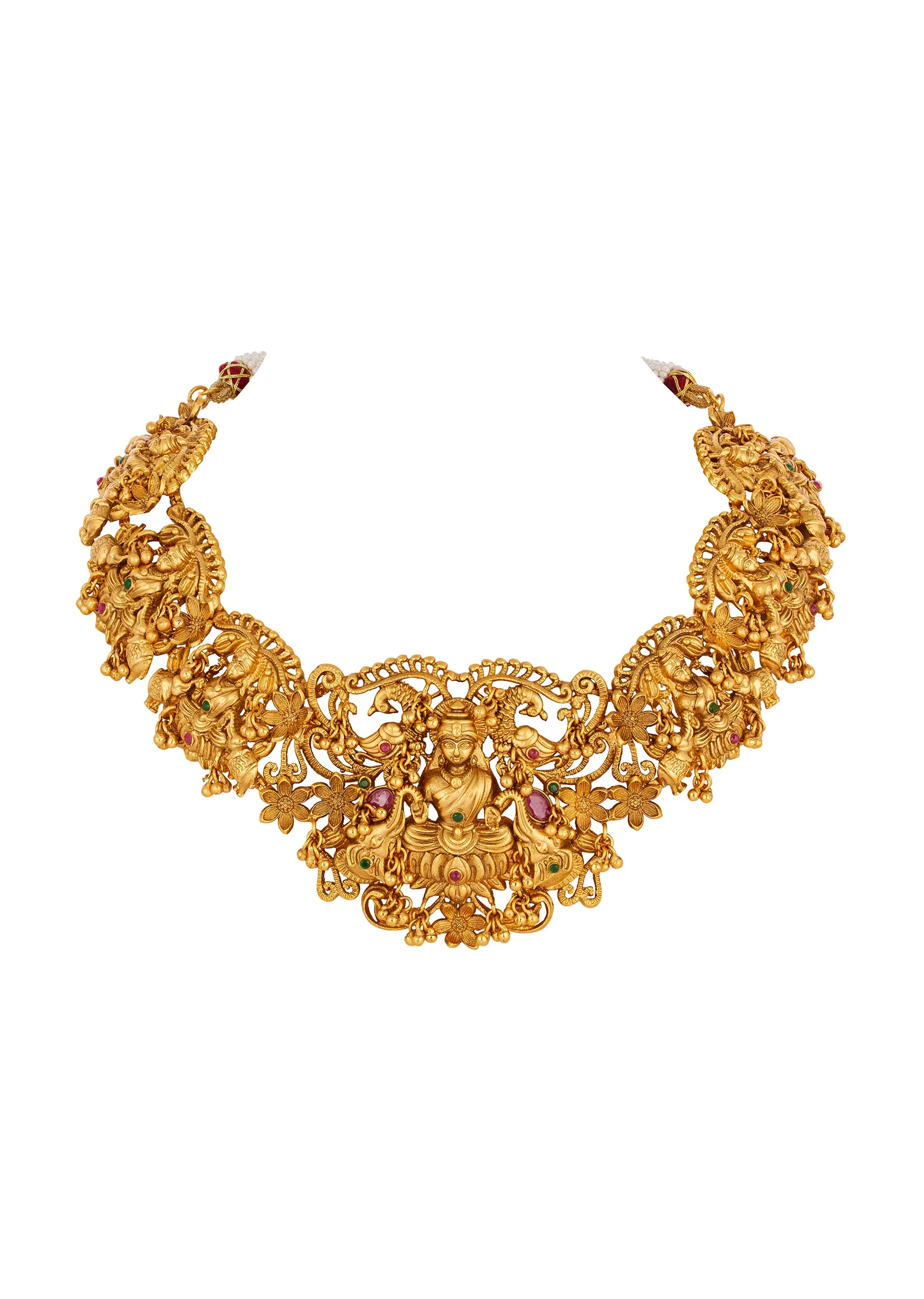 665-gold-finish-temple-style-necklace-set-with-green-and-pink-simulated-stones-3.webp Gold Finish Temple Style Necklace Set With Green and Pink Simulated Stones