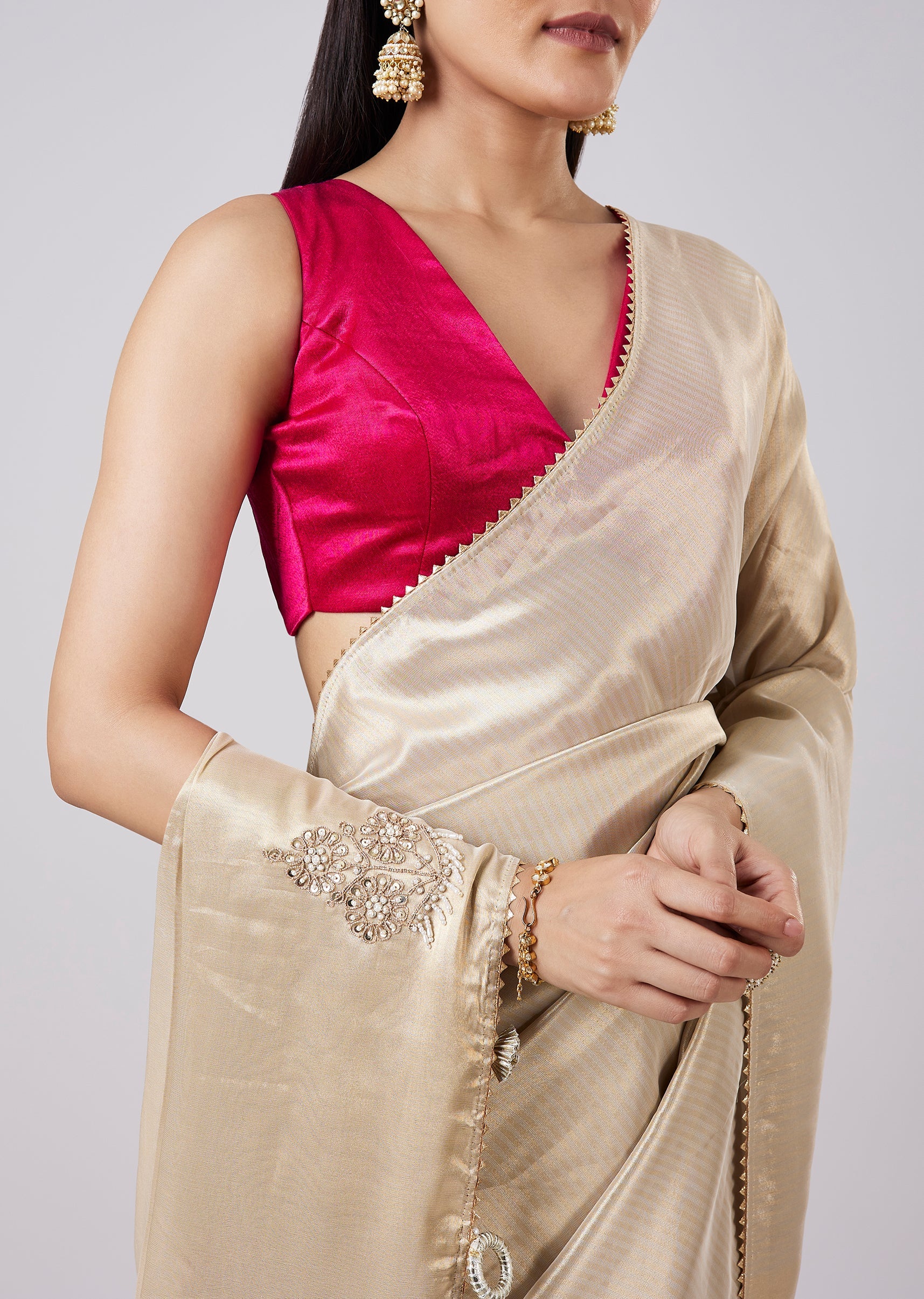 Pastel Cream Solid Saree with Border and Blouse