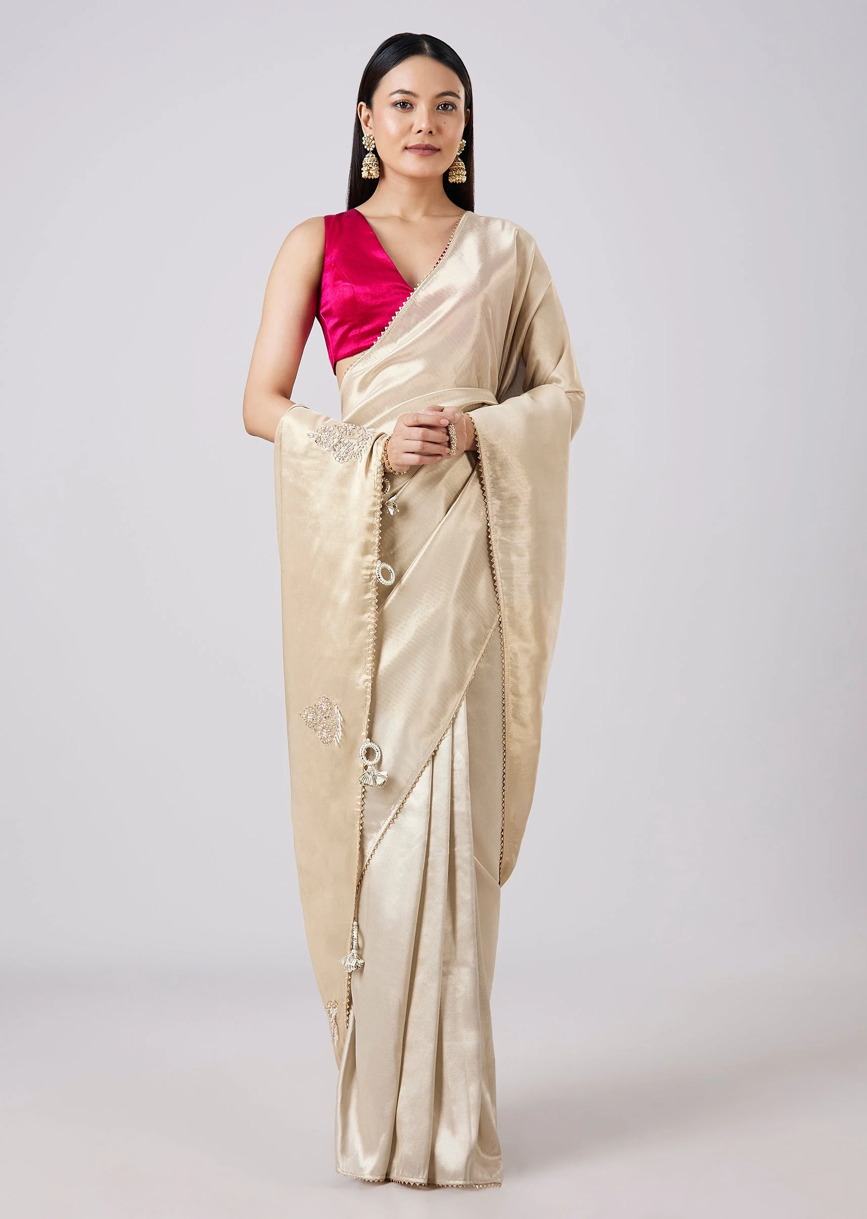 Pastel Cream Solid Saree with Border and Blouse