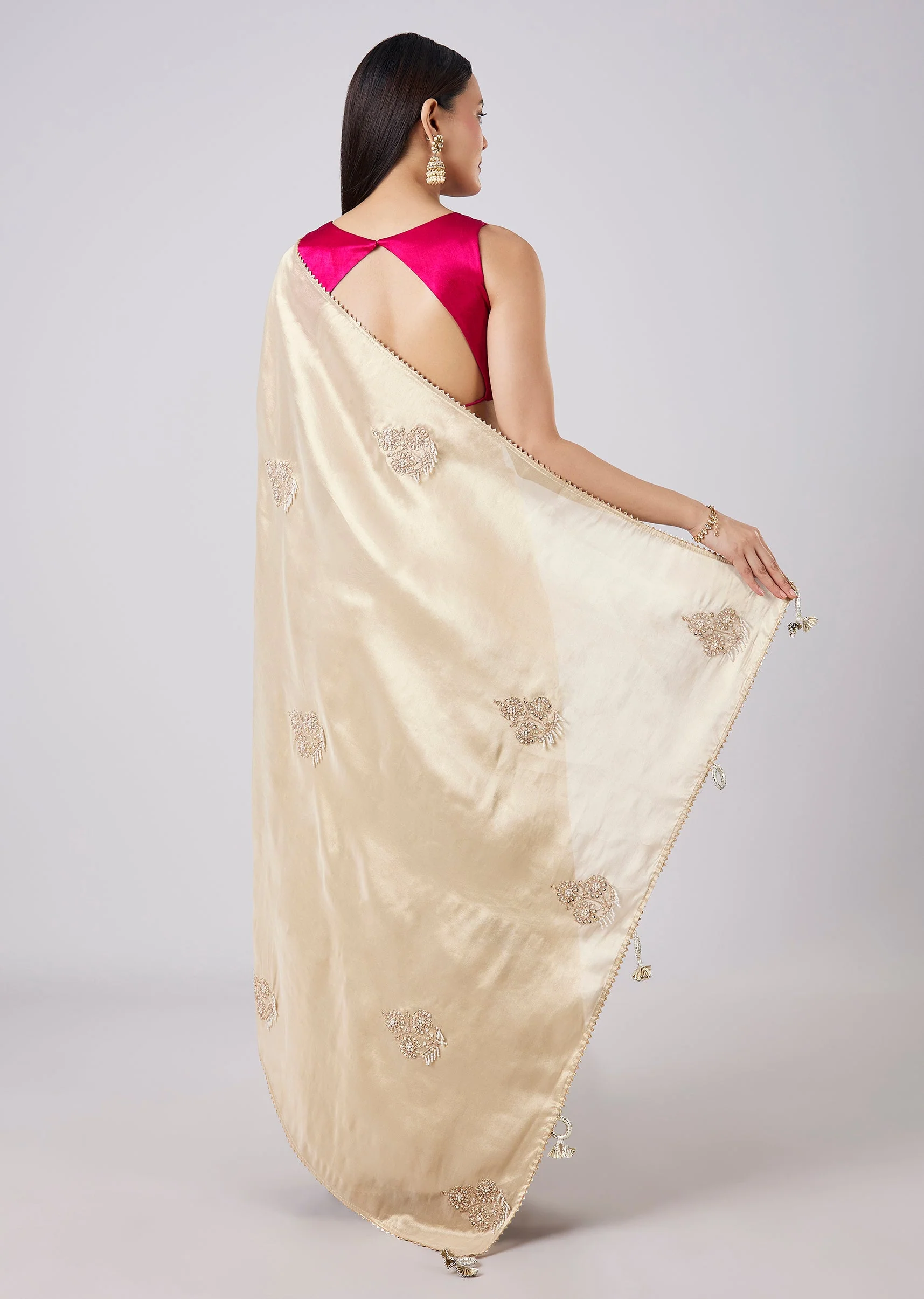 Pastel Cream Solid Saree with Border and Blouse