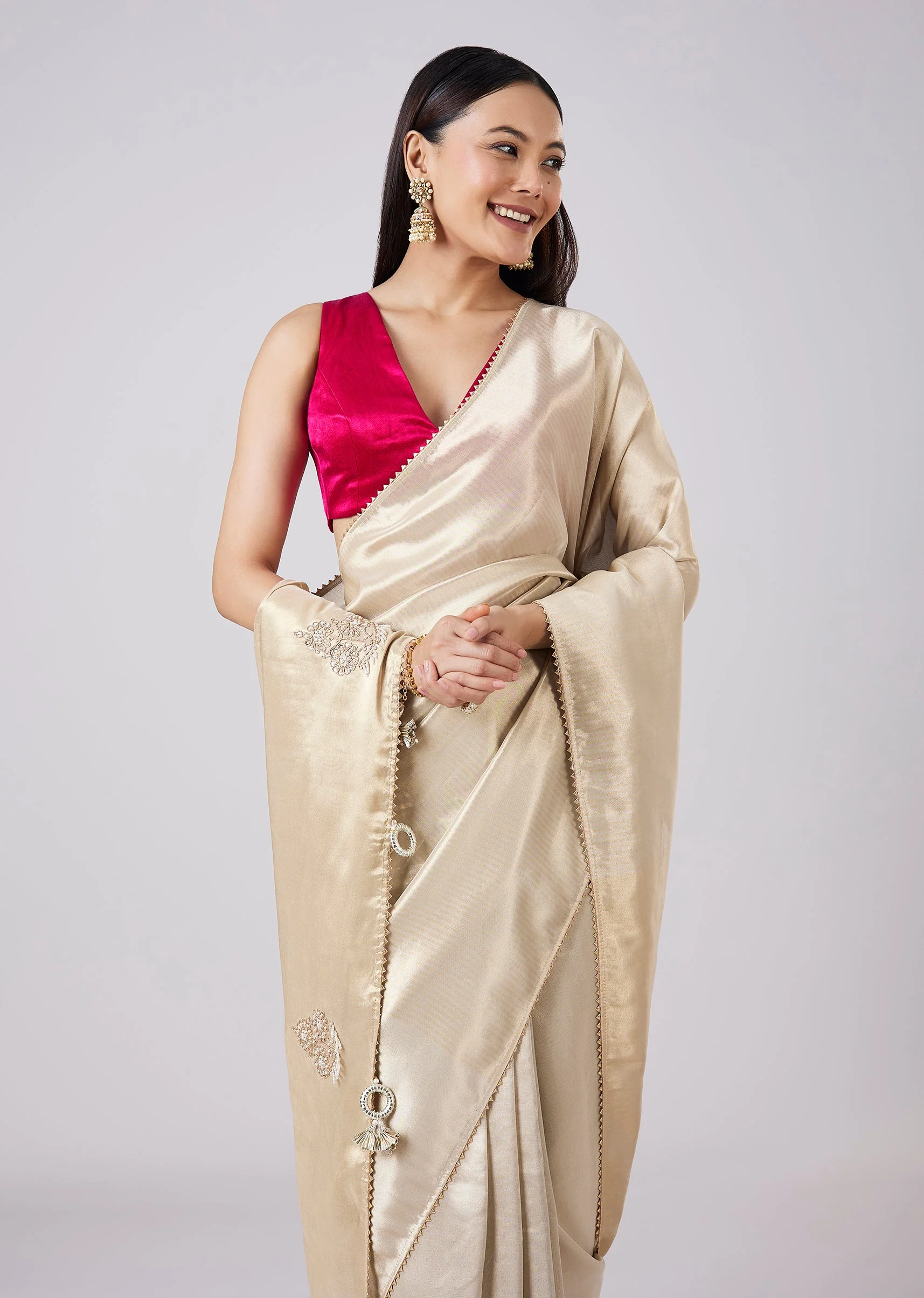 Pastel Cream Solid Saree with Border and Blouse