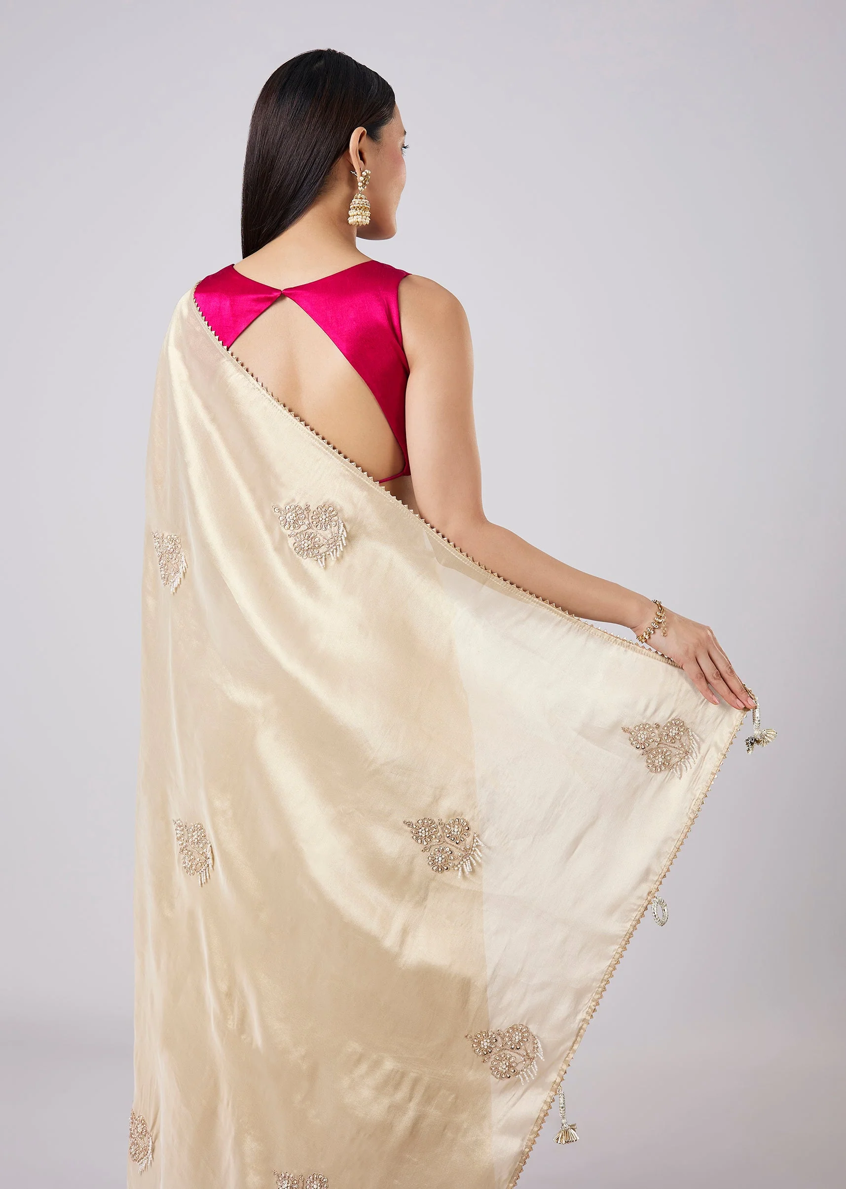 Pastel Cream Solid Saree with Border and Blouse