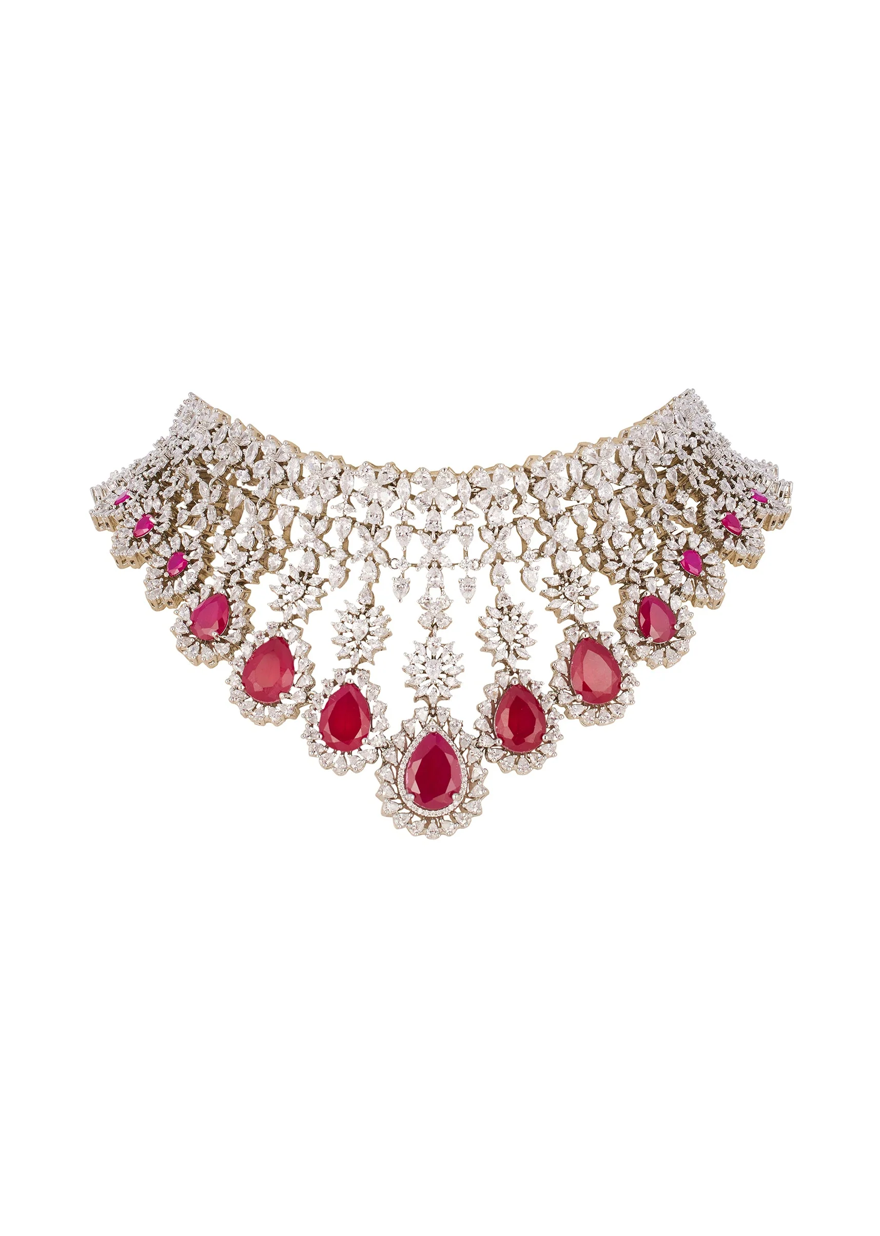 Rani Pink Rhodium Plated Brass Necklace Set with CZ Diamond