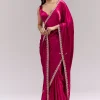 Coral Red Satin Chinon Saree With Scalloped Moti Embroidered Border And Buttis