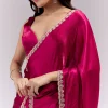 Coral Red Satin Chinon Saree With Scalloped Moti Embroidered Border And Buttis